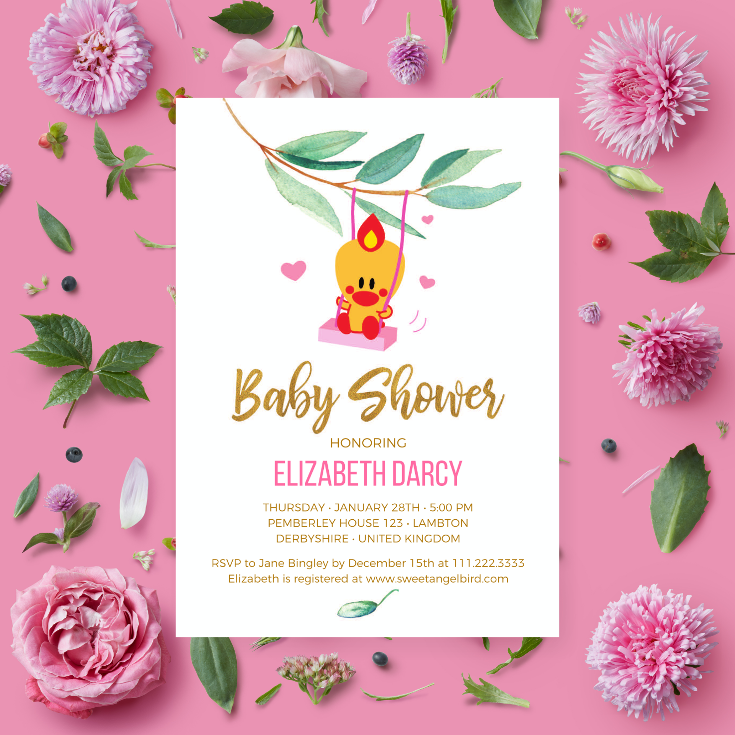 Pink and Gold Baby Shower Invitations, 5x7" Baby Shower Invitation – Sweet Angel Bird ® on a Swing