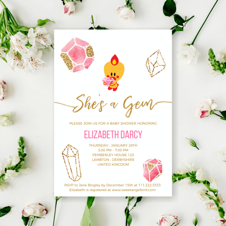 Pink and Gold Baby Shower Invitations, 5x7" Baby Shower Party Invitation – Sweet Angel Bird ® Pink and Gold Gems Printable Baby Shower Invitations