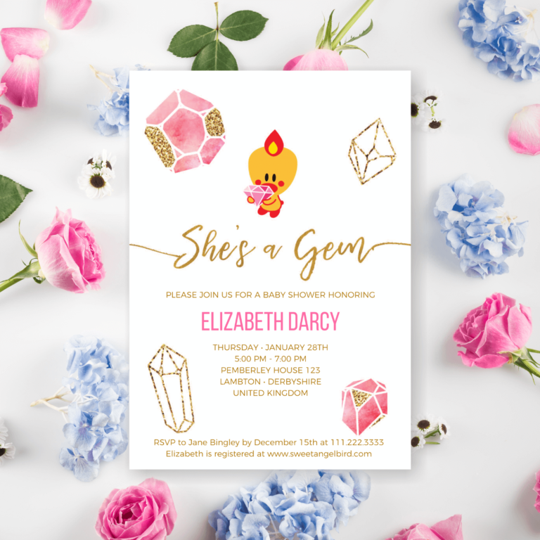 Pink and Gold Baby Shower Invitations, 5x7" Baby Shower Party Invitation – Sweet Angel Bird ® Pink and Gold Gems Printable Baby Shower Invitations