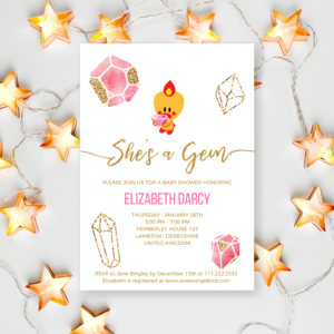 Pink and Gold Baby Shower Invitations, 5x7" Baby Shower Party Invitation – Sweet Angel Bird ® Pink and Gold Gems Printable Baby Shower Invitations