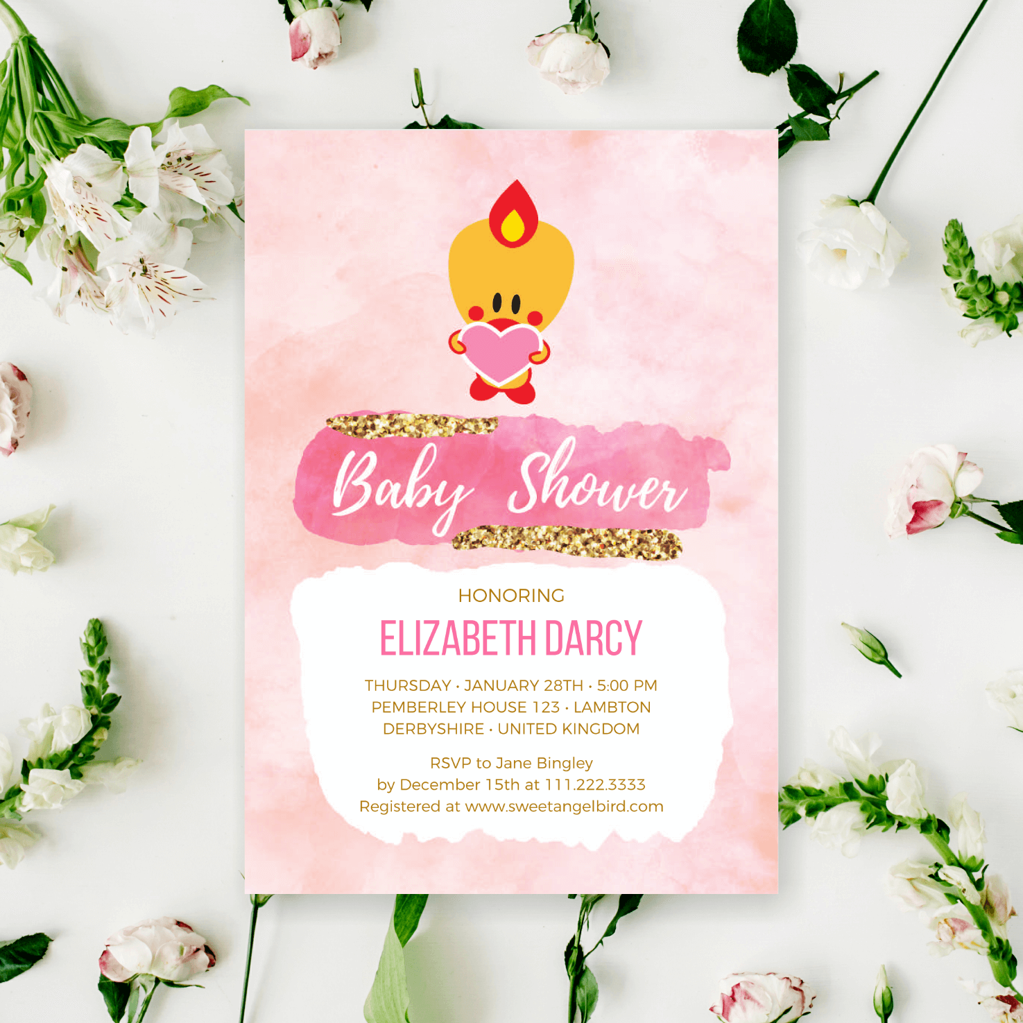 Pink and Gold Baby Shower Invitations, 5x7" Baby Shower Invitation – Sweet Angel Bird ® Pink and Gold Watercolor Strokes Printable Baby Shower Invitations