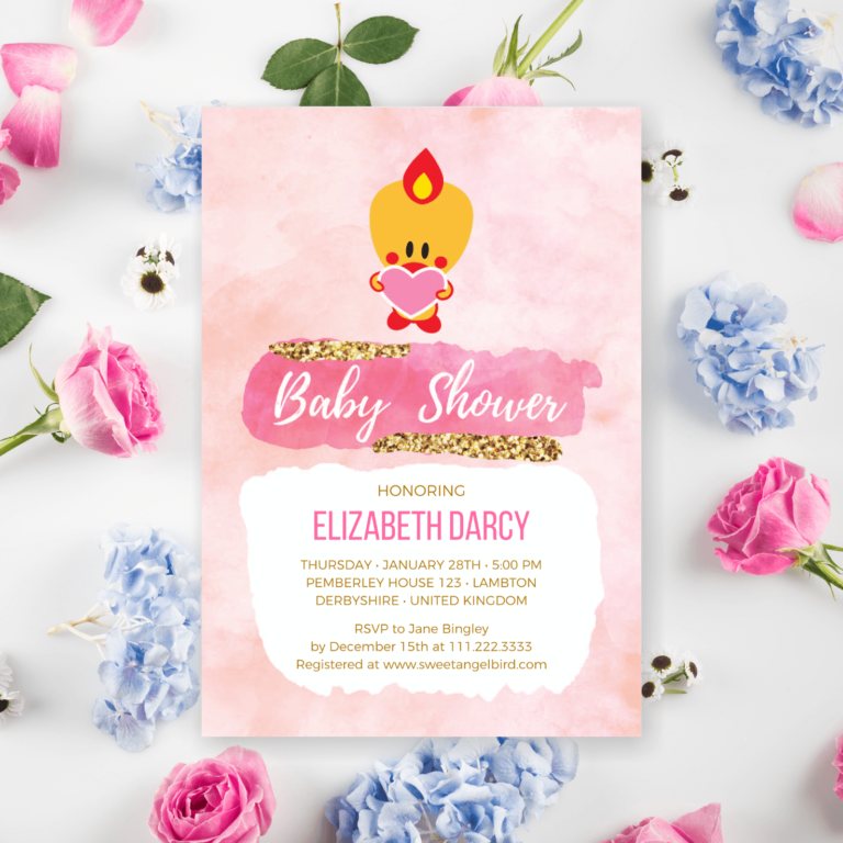 Pink and Gold Baby Shower Invitations, 5x7" Baby Shower Invitation – Sweet Angel Bird ® Pink and Gold Watercolor Strokes Printable Baby Shower Invitations
