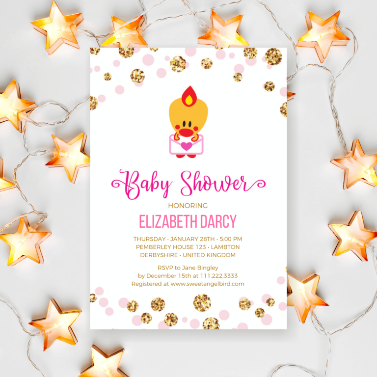 Baby Shower Party Invitation - Pink and Gold Baby Shower Invitations, 5x7" Baby Shower Invitation – Sweet Angel Bird ® Pink and Gold Confetti Printable Baby Shower Invitations