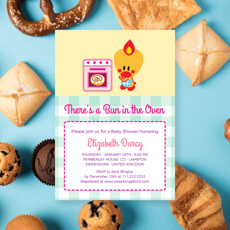 Baby Shower Party Invitations, 5x7" Baby Shower Invitation – Sweet Angel Bird ® Bun in the Oven Printable Baby Shower Invitations