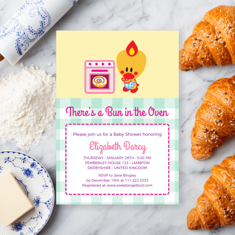 Baby Shower Party Invitations, 5x7" Baby Shower Invitation – Sweet Angel Bird ® Bun in the Oven Printable Baby Shower Invitations