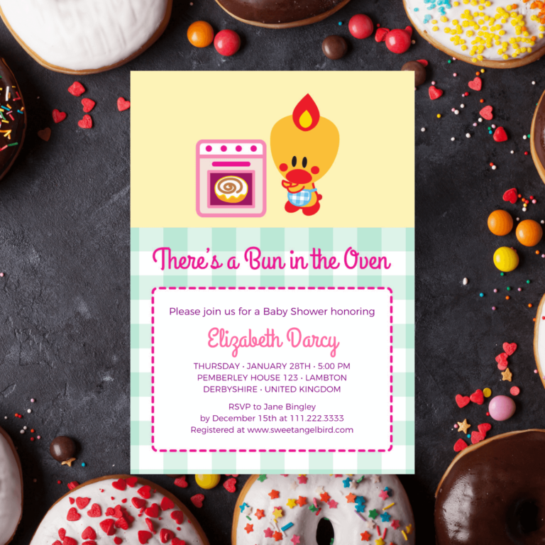 Baby Shower Party Invitations, 5x7" Baby Shower Invitation – Sweet Angel Bird ® Bun in the Oven Printable Baby Shower Invitations