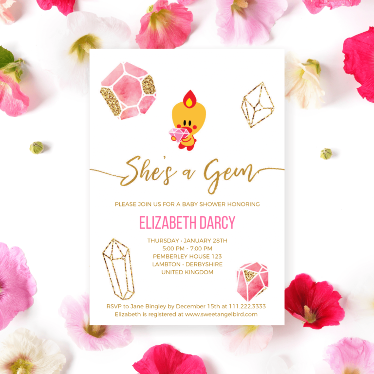 Pink and Gold Baby Shower Invitations, 5x7" Baby Shower Party Invitation – Sweet Angel Bird ® Pink and Gold Gems Printable Baby Shower Invitations