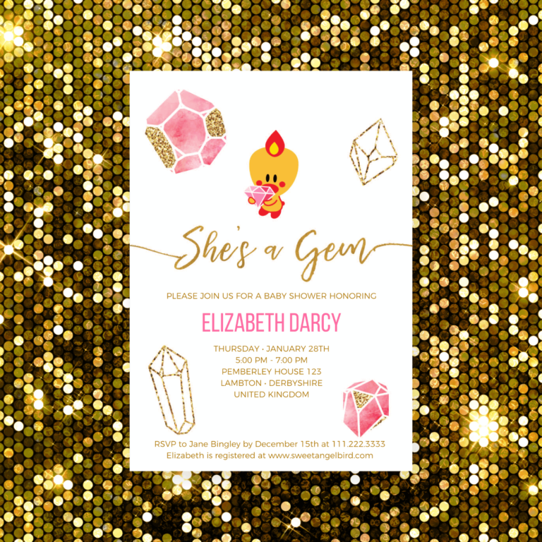 Pink and Gold Baby Shower Invitations, 5x7" Baby Shower Party Invitation – Sweet Angel Bird ® Pink and Gold Gems Printable Baby Shower Invitations