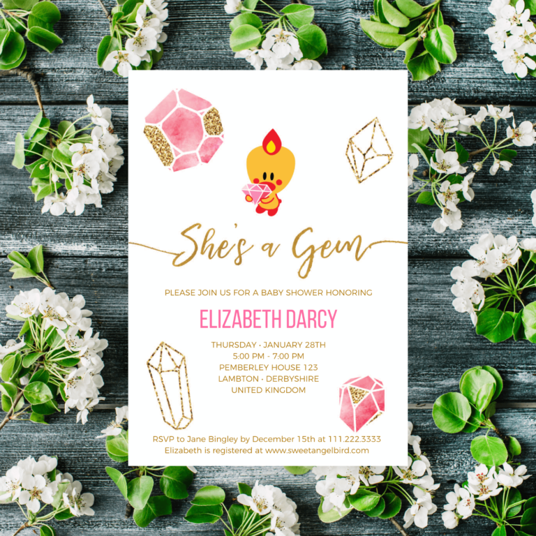 Pink and Gold Baby Shower Invitations, 5x7" Baby Shower Party Invitation – Sweet Angel Bird ® Pink and Gold Gems Printable Baby Shower Invitations