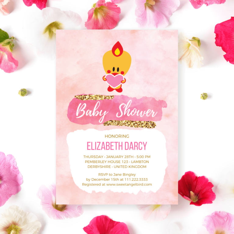 Pink and Gold Baby Shower Invitations, 5x7" Baby Shower Invitation – Sweet Angel Bird ® Pink and Gold Watercolor Strokes Printable Baby Shower Invitations