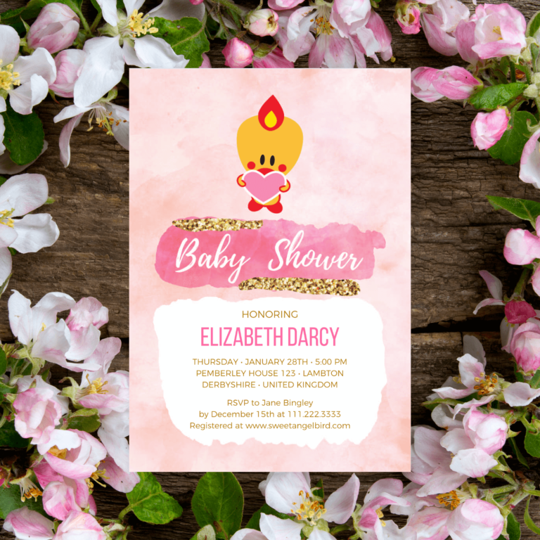 Pink and Gold Baby Shower Invitations, 5x7" Baby Shower Invitation – Sweet Angel Bird ® Pink and Gold Watercolor Strokes Printable Baby Shower Invitations