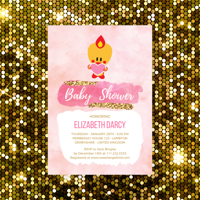 Pink and Gold Baby Shower Invitations, 5x7" Baby Shower Invitation – Sweet Angel Bird ® Pink and Gold Watercolor Strokes Printable Baby Shower Invitations