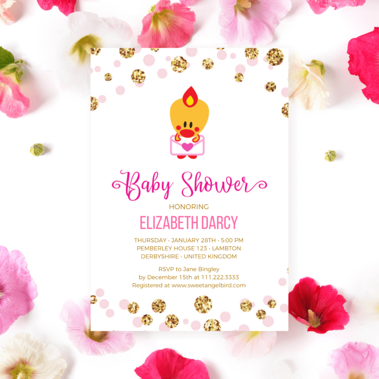 Baby Shower Party Invitation - Pink and Gold Baby Shower Invitations, 5x7" Baby Shower Invitation – Sweet Angel Bird ® Pink and Gold Confetti Printable Baby Shower Invitations