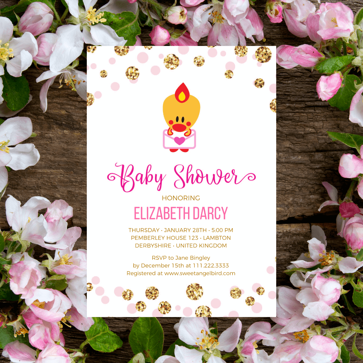 Baby Shower Party Invitation - Pink and Gold Baby Shower Invitations, 5x7" Baby Shower Invitation – Sweet Angel Bird ® Pink and Gold Confetti Printable Baby Shower Invitations