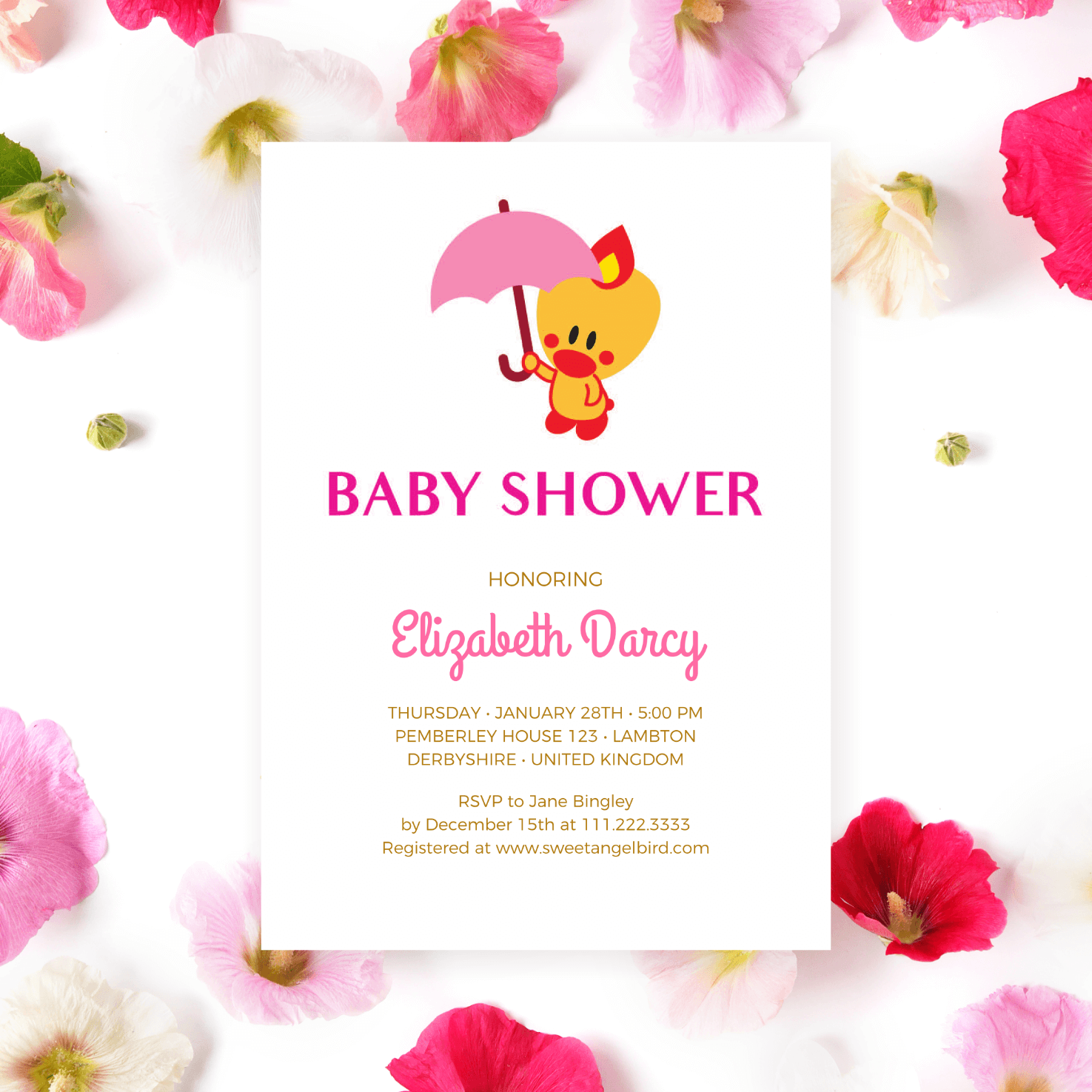 Pink Baby Shower, It's a Girl Baby Shower Invitation – Sweet Angel Bird ® Pink Umbrella Printable Baby Shower Invitations