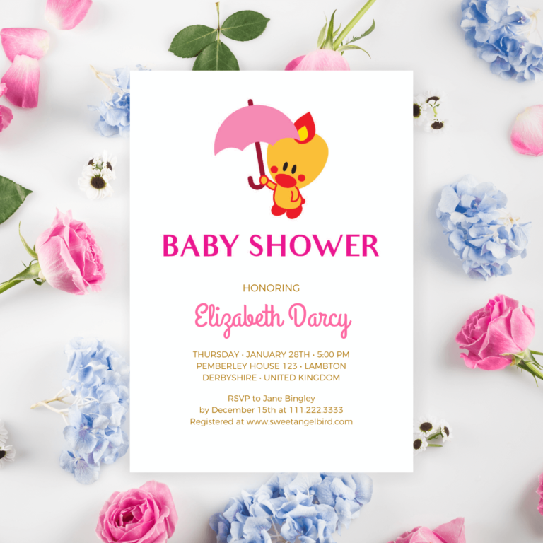 Pink Baby Shower, It's a Girl Baby Shower Invitation – Sweet Angel Bird ® Pink Umbrella Printable Baby Shower Invitations