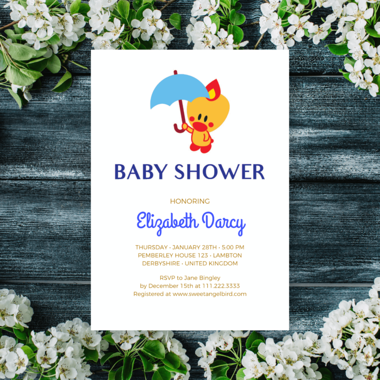 Baby Boy Baby Shower Invitations, Royal Blue and Gold Baby Shower Invitation – Sweet Angel Bird ® Blue Umbrella Printable Baby Shower Invitations