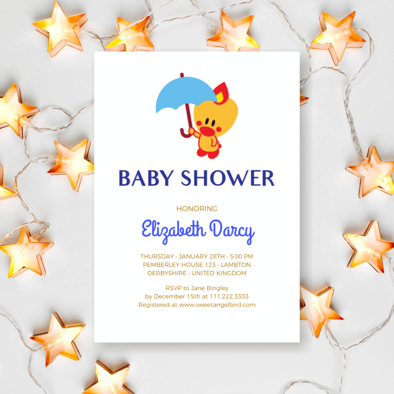 Baby Boy Baby Shower Invitations, Royal Blue and Gold Baby Shower Invitation – Sweet Angel Bird ® Blue Umbrella Printable Baby Shower Invitations