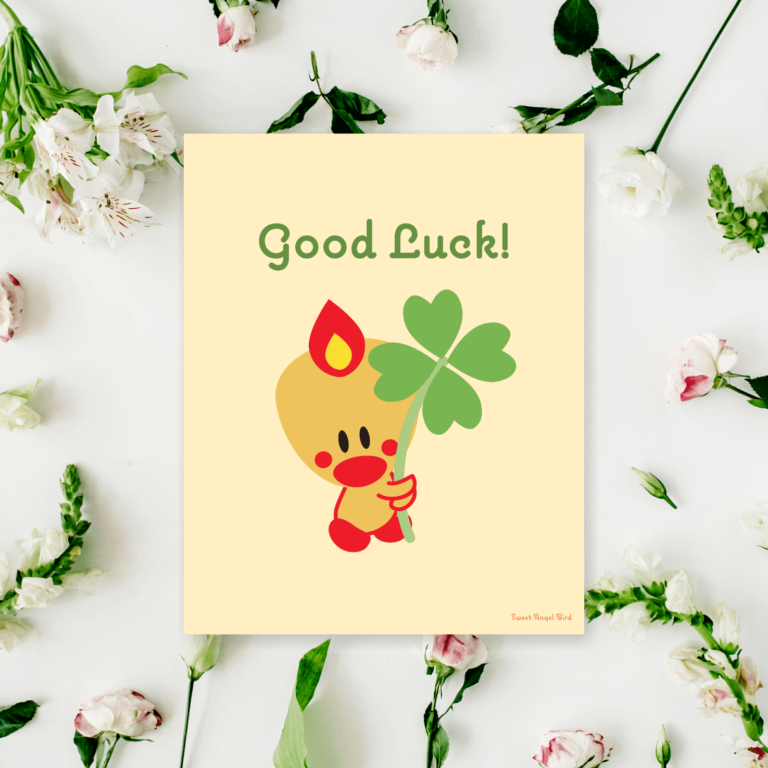 St Patrick’s Day Decorations Sweet Angel Bird ® Good Luck Wishes Four-Leaf Clover Wall Art Print, Poster