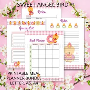 Printable Meal Planner Template Bundle - Sweet Angel Bird ® Coffee and Donuts Cute Planner, Kawaii Planner with Printable Grocery List, Printable Recipe Planner, Printable Notes