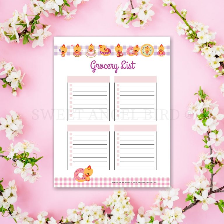 Printable Meal Planner Template Bundle - Sweet Angel Bird ® Coffee and Donuts Cute Planner, Kawaii Planner with Printable Grocery List, Printable Recipe Planner, Printable Notes